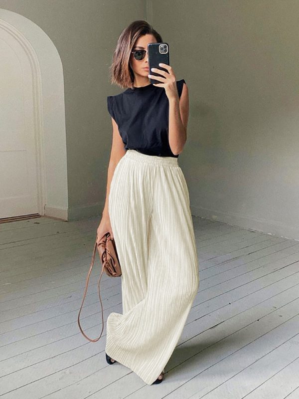 Pleated Wide Leg Pants Women Casual Loose Trousers Office Long Pants For Discount - Image 2